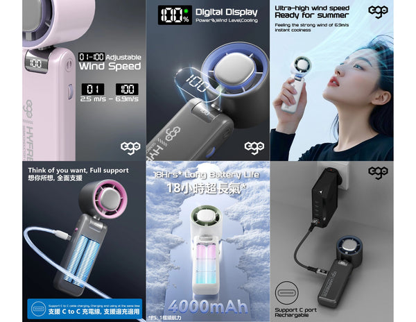 Ego HyFreeze Semiconductor Cooling Fan HF1 with 18 hours battery, LED display, and 180-degree adjustable angle, available at Thabthaba Store Qatar