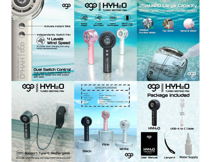 Ego HyH2O Turbo Misting Fan P11 water cooling spray with 18 hours battery life and Type-C charging, available at Thabthaba Store Qatar