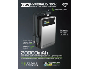 Ego HyperAlly² 20K 20000mAh 65W Built-in Cable PowerBank LX20 with replaceable cables and OLED display, available at Thabthaba Store Qatar