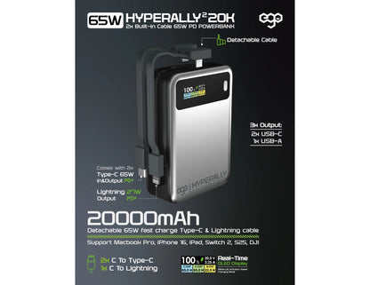 Ego HyperAlly² 20K 20000mAh 65W Built-in Cable PowerBank LX20 with replaceable cables and OLED display, available at Thabthaba Store Qatar