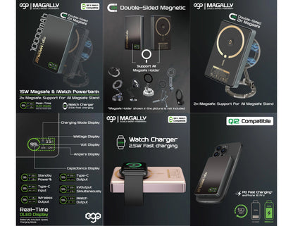 Ego MagAlly 3in1 Double-sided Magnetic QI2 10000mAh Powerbank E16B3 15W Wireless Fast Charging with OLED Display, available at Thabthaba Store Qatar