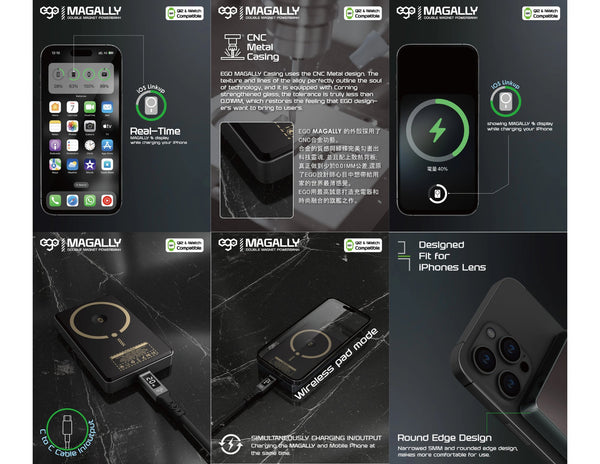 Ego MagAlly 3in1 Double-sided Magnetic QI2 10000mAh Powerbank E16B3 15W Wireless Fast Charging with OLED Display, available at Thabthaba Store Qatar