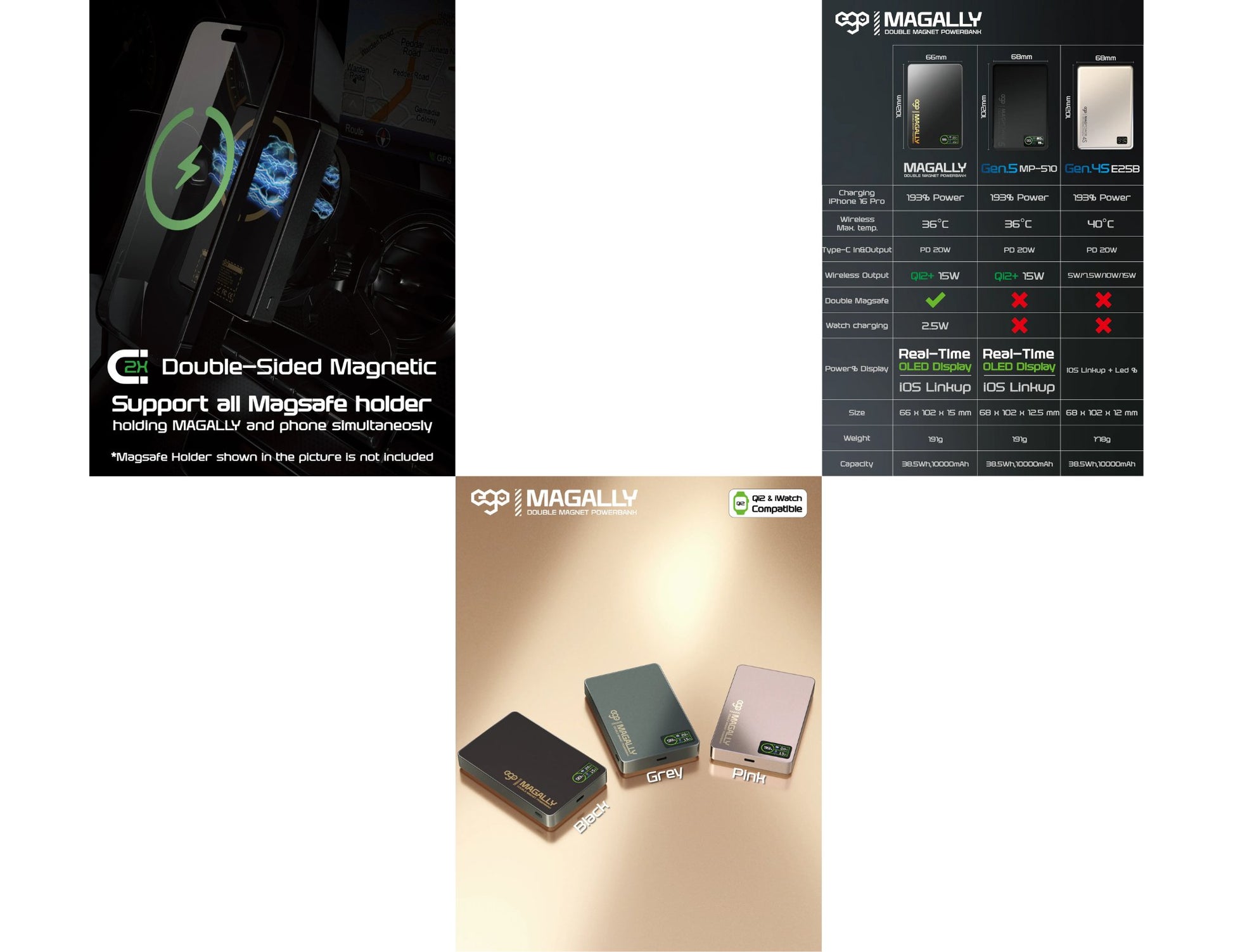 Ego MagAlly 3in1 Double-sided Magnetic QI2 10000mAh Powerbank E16B3 15W Wireless Fast Charging with OLED Display, available at Thabthaba Store Qatar