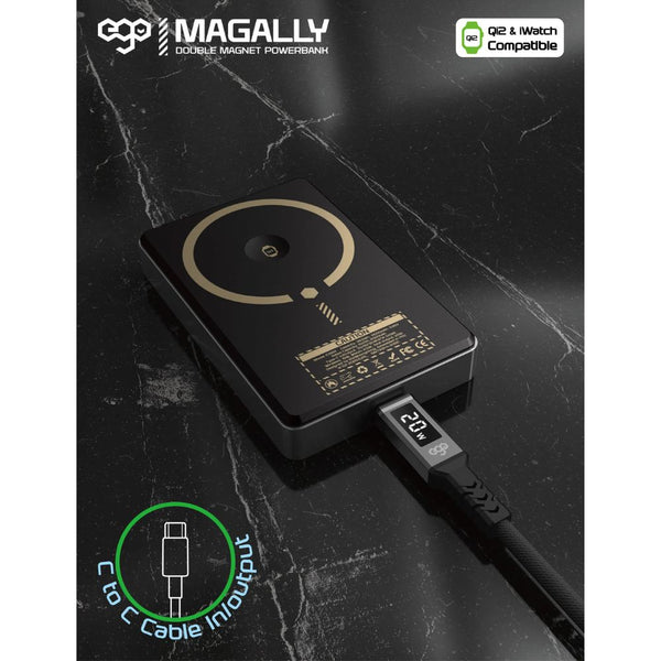 EGO MagAlly 3-in-1 Qi2 10000mAh double-sided magnetic powerbank Black with 15W wireless charging and OLED display Qatar