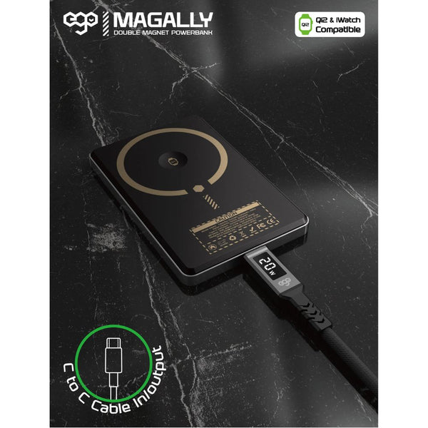 EGO MagAlly 3-in-1 Qi2 5000mAh double-sided magnetic powerbank Black with 15W wireless charging and OLED display Qatar