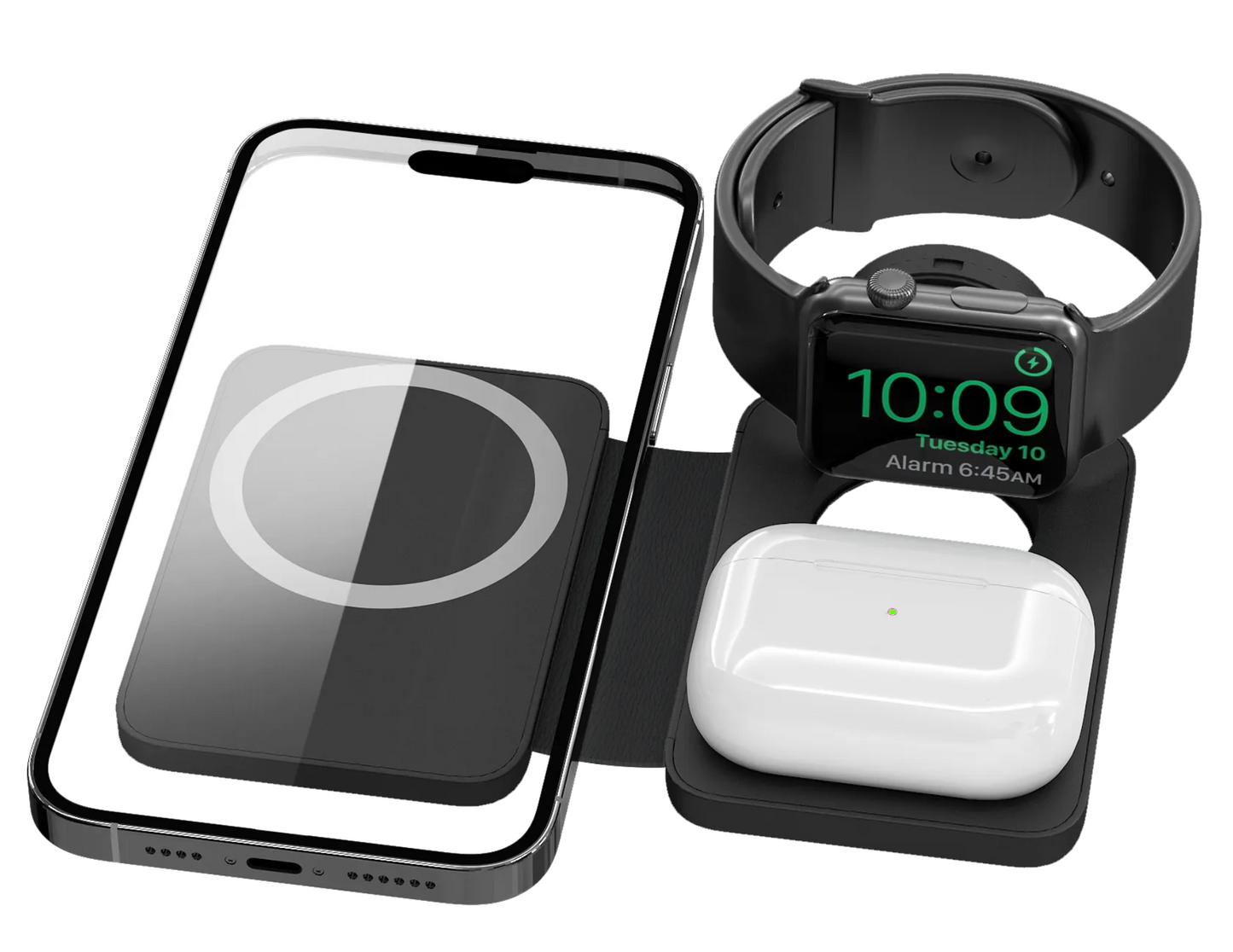 EGO 3 in 1 MAGPAD2 Wireless Magsafe Charging Station showing iPhone, Apple Watch, and AirPods charging.