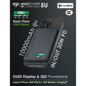 EGO MagPower 5U Qi2 10000mAh MagSafe power bank Black with 30W PD, 15W wireless charging and OLED display Qatar