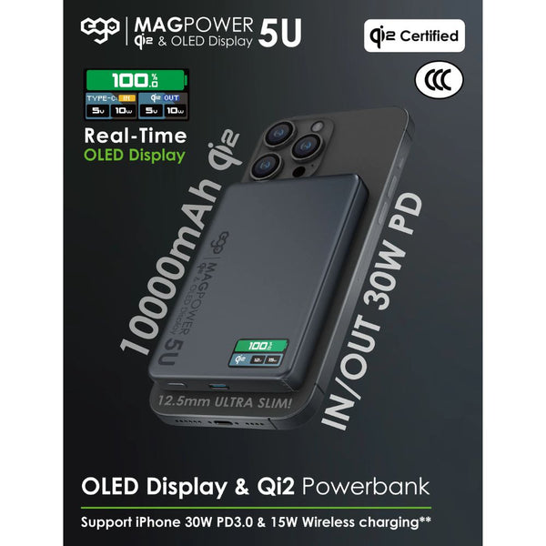 EGO MagPower 5U Qi2 10000mAh MagSafe power bank Black with 30W PD, 15W wireless charging and OLED display Qatar