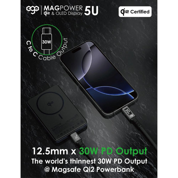 EGO MagPower 5U Qi2 10000mAh MagSafe power bank Black with 30W PD, 15W wireless charging and OLED display Qatar