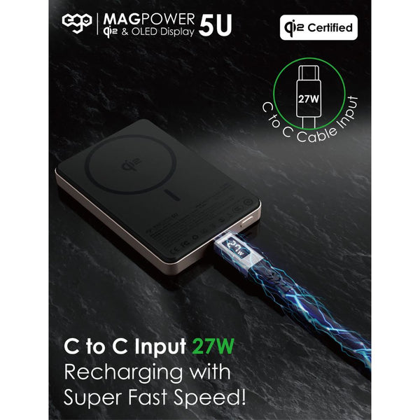 EGO MagPower 5U Qi2 10000mAh MagSafe power bank Black with 30W PD, 15W wireless charging and OLED display Qatar