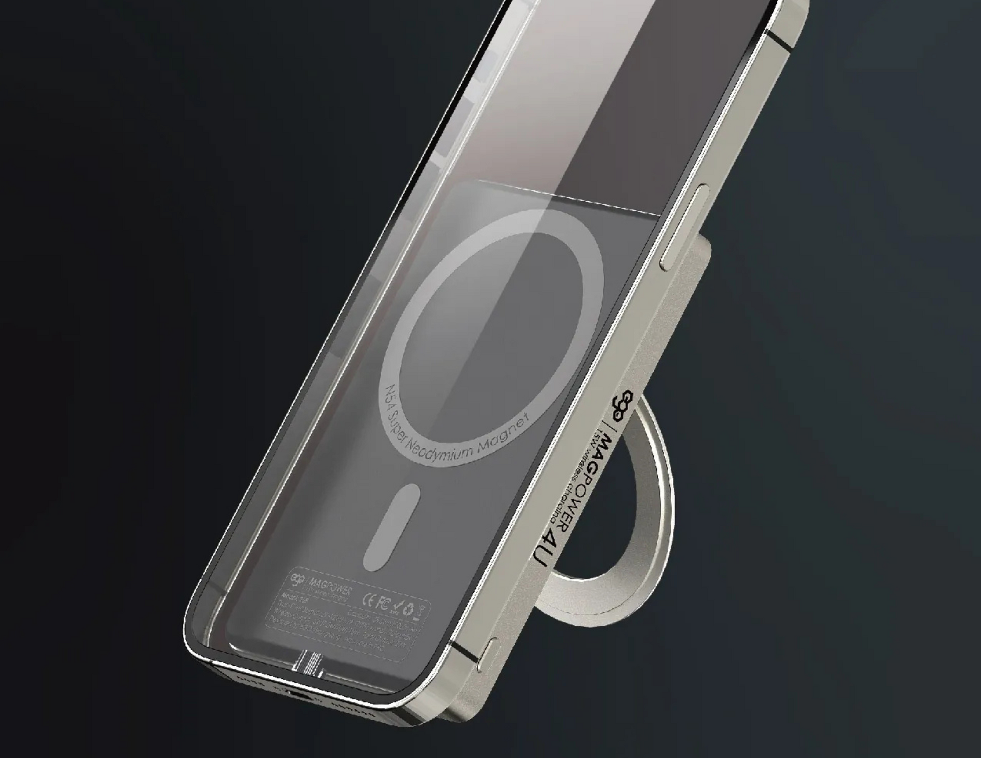 Close-up of the N54 neodymium magnet on the EGO MAGPOWER Gen.4U securely holding an iPhone.