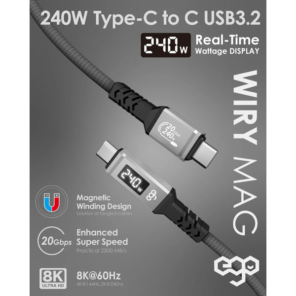 EGO Wiry Mag 240W USB3.2 magnetic Type-C to C cable 120cm Grey with 20Gbps data and 8K video support Qatar