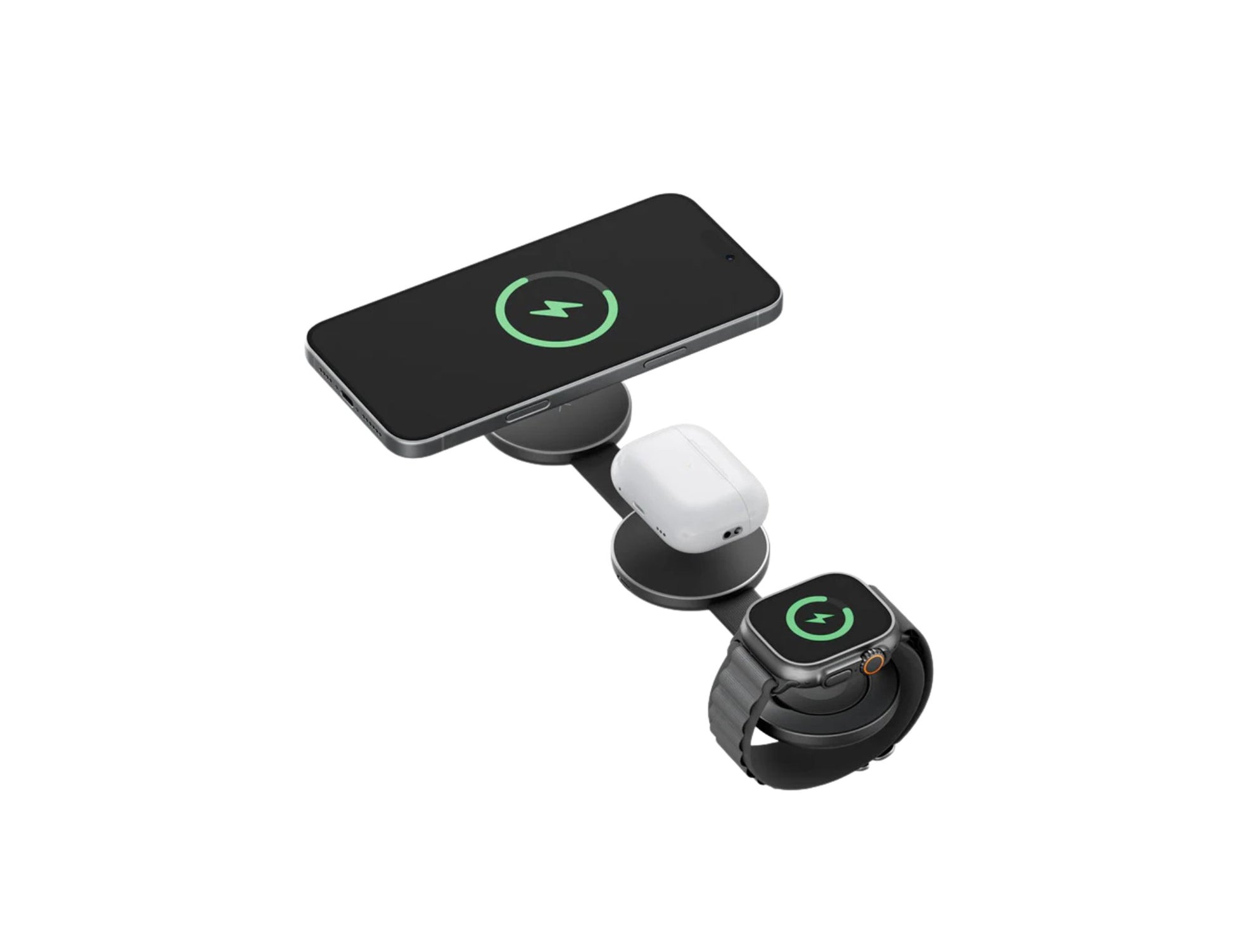 Energea AluMag Trio 3 in 1 foldable Qi2 aluminium wireless charger for iPhone AirPods and Apple Watch