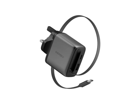 Energea AmpCharge Arc 65W GaN wall charger with retractable USB-C cable and USB-C USB-A ports