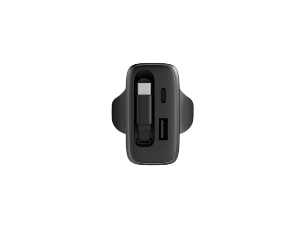 Energea AmpCharge Arc 65W GaN wall charger with retractable USB-C cable and USB-C USB-A ports