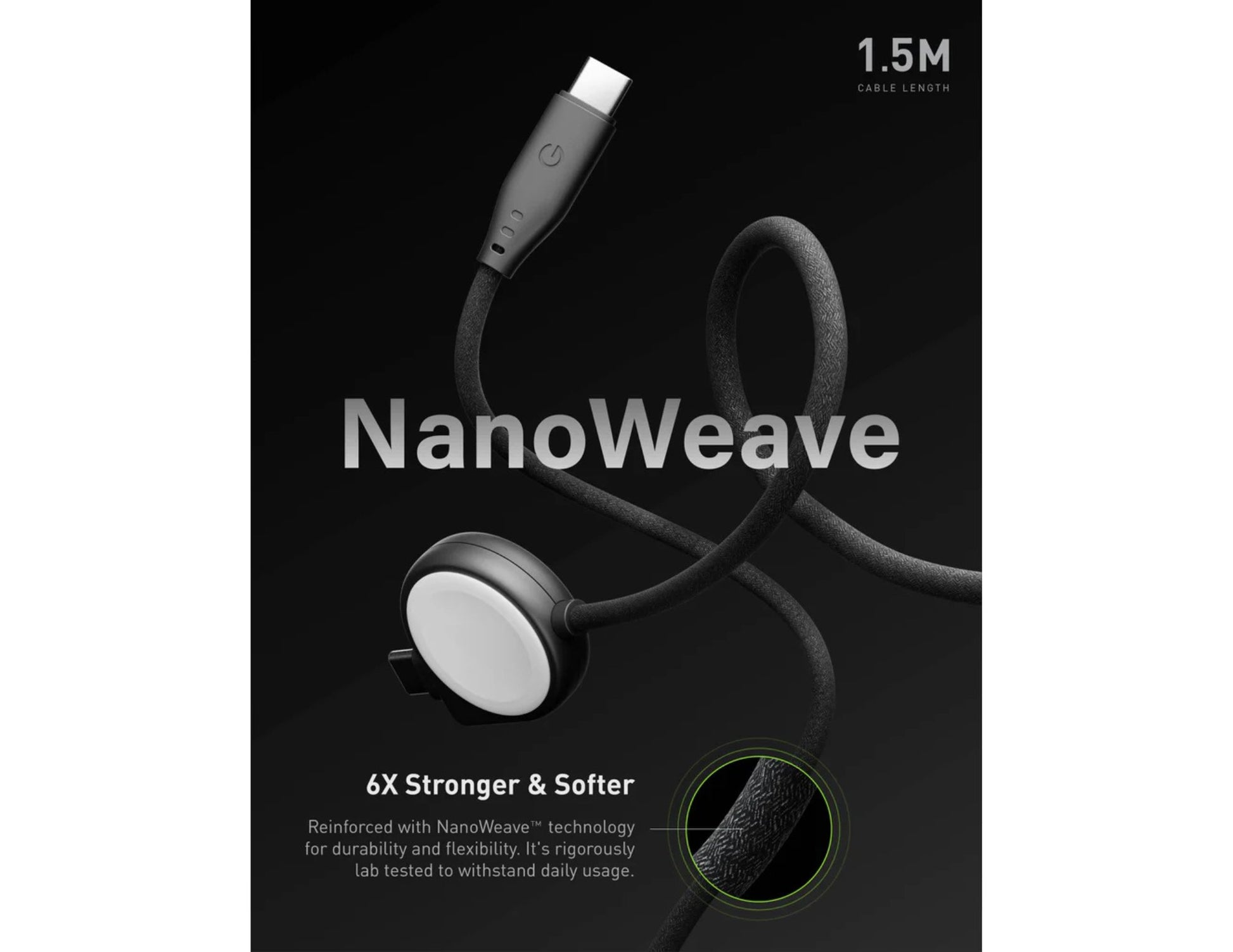 Energea Flow Duo Watch 1.5M USB-C to USB-C fast charging cable with Apple Watch charger