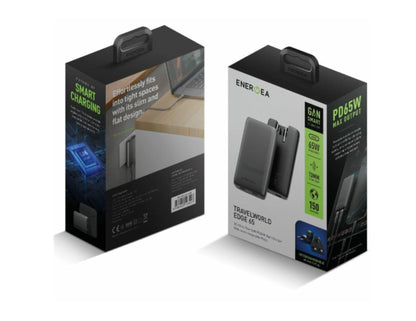 Energea Travelworld Edge 65W ultra slim GaN travel charger with interchangeable UK and EU plugs