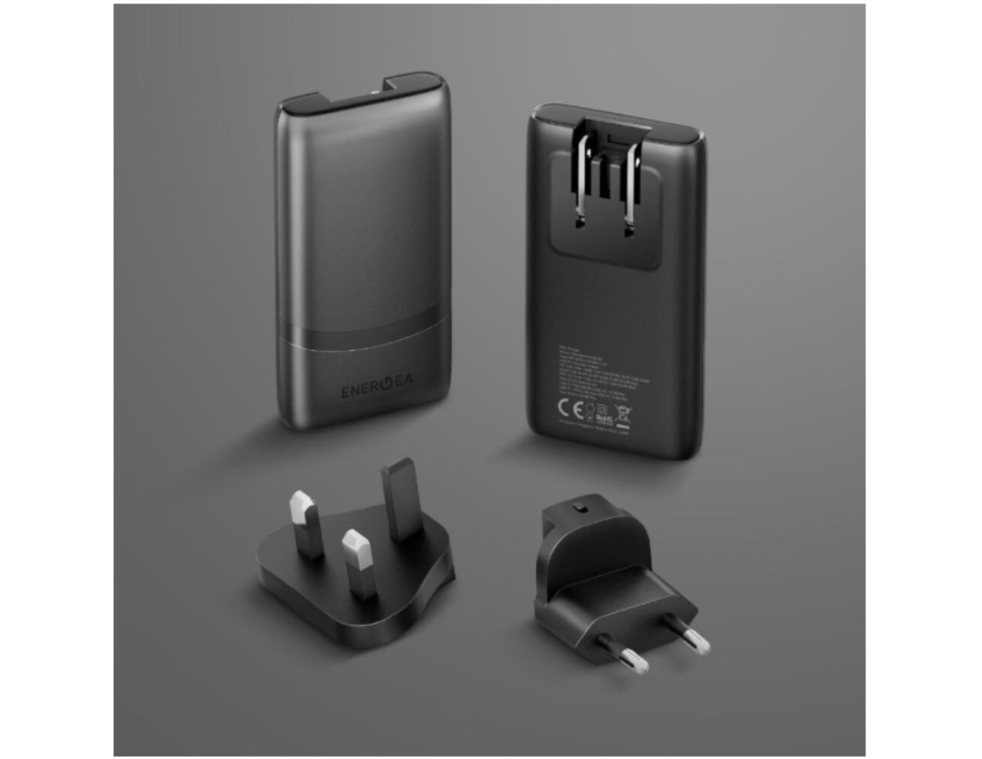 Energea Travelworld Edge 65W ultra slim GaN travel charger with interchangeable UK and EU plugs