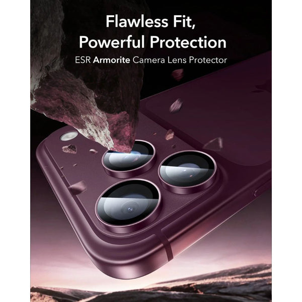 ESR Armorite 9H camera lens protector in Deep Burgundy for iPhone 18 Pro and Pro Max with raised-edge impact and scratch protection in Qatar