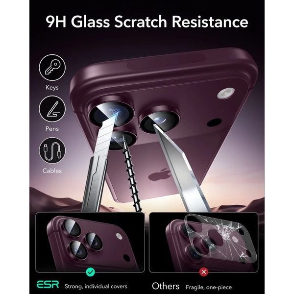 ESR Armorite 9H camera lens protector in Deep Burgundy for iPhone 18 Pro and Pro Max with raised-edge impact and scratch protection in Qatar