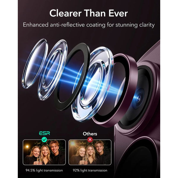 ESR Armorite 9H camera lens protector in Deep Burgundy for iPhone 18 Pro and Pro Max with raised-edge impact and scratch protection in Qatar
