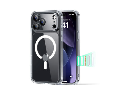 ESR Classic Hybrid Magnetic Case Camera Control clear for iPhone 17 Pro & Pro Max at Thabthaba Store Qatar.