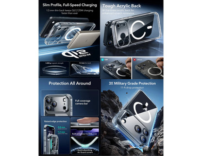 ESR Classic Hybrid Magnetic Case Camera Control clear for iPhone 17 Pro & Pro Max at Thabthaba Store Qatar.