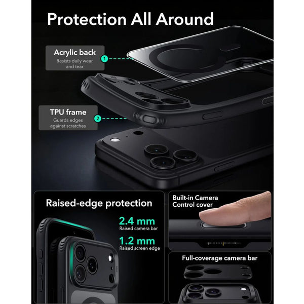 ESR Classic Hybrid Magnetic Case for iPhone 18 Pro in Clear Black with Camera Control cover, magnetic attachment and Qi2 25W charging in Qatar