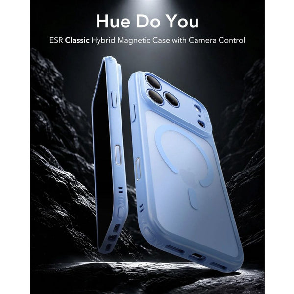 ESR Classic Hybrid Magnetic Case for iPhone 18 Pro in Frosted Light Blue with Camera Control cover, magnetic attachment and Qi2 25W charging in Qatar