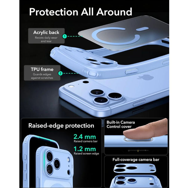 ESR Classic Hybrid Magnetic Case for iPhone 18 Pro in Frosted Light Blue with Camera Control cover, magnetic attachment and Qi2 25W charging in Qatar