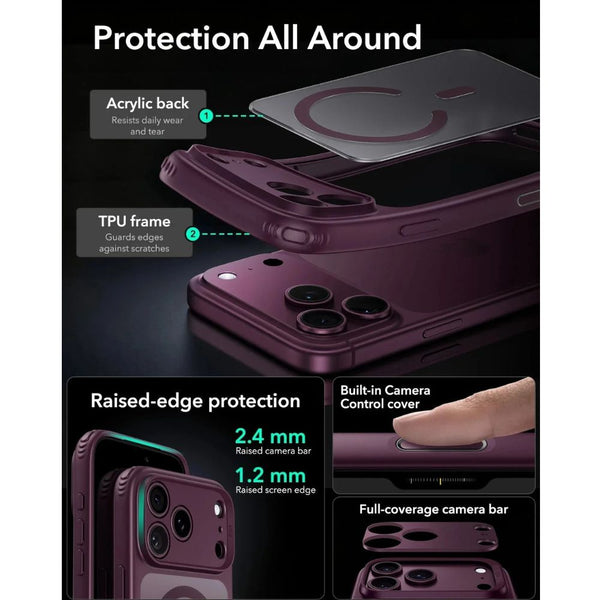 ESR Classic Hybrid Magnetic Case for iPhone 18 Pro Max in Frosted Deep Burgundy with Camera Control cover, magnetic attachment and Qi2 25W charging in Qatar