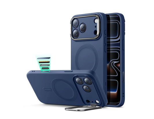 ESR Cloud Soft Magnetic silicone case with Camera Control and Stash Stand for iPhone 17 Pro and 17 Pro Max in Orange and Navy Blue, Thabthaba Store Qatar