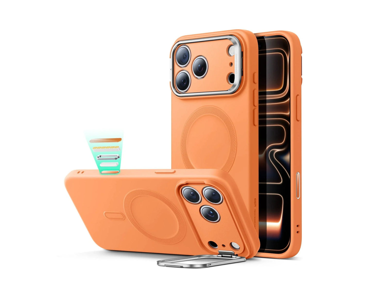 ESR Cloud Soft Magnetic silicone case with Camera Control and Stash Stand for iPhone 17 Pro and 17 Pro Max in Orange and Navy Blue, Thabthaba Store Qatar