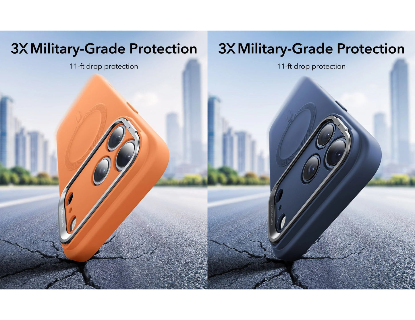 ESR Cloud Soft Magnetic silicone case with Camera Control and Stash Stand for iPhone 17 Pro and 17 Pro Max in Orange and Navy Blue, Thabthaba Store Qatar