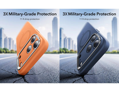 ESR Cloud Soft Magnetic silicone case with Camera Control and Stash Stand for iPhone 17 Pro and 17 Pro Max in Orange and Navy Blue, Thabthaba Store Qatar