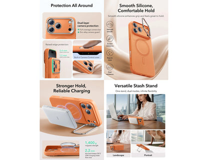 ESR Cloud Soft Magnetic silicone case with Camera Control and Stash Stand for iPhone 17 Pro and 17 Pro Max in Orange and Navy Blue, Thabthaba Store Qatar