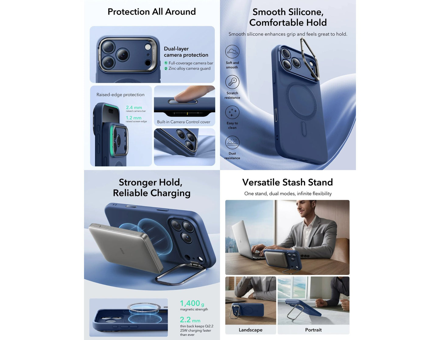 ESR Cloud Soft Magnetic silicone case with Camera Control and Stash Stand for iPhone 17 Pro and 17 Pro Max in Orange and Navy Blue, Thabthaba Store Qatar