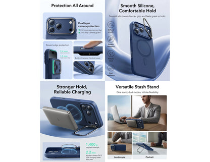 ESR Cloud Soft Magnetic silicone case with Camera Control and Stash Stand for iPhone 17 Pro and 17 Pro Max in Orange and Navy Blue, Thabthaba Store Qatar