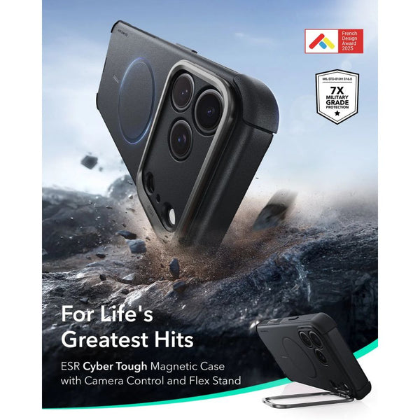 ESR Cyber Tough magnetic black case for iPhone 18 Pro with adjustable flex stand, 26-ft drop protection, and MagSafe compatibility in Qatar