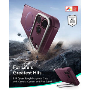 ESR Cyber Tough magnetic Deep Burgundy case for iPhone 18 Pro with adjustable flex stand, 26-ft drop protection, and MagSafe compatibility in Qatar