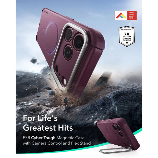 ESR Cyber Tough magnetic Deep Burgundy case for iPhone 18 Pro with adjustable flex stand, 26-ft drop protection, and MagSafe compatibility in Qatar
