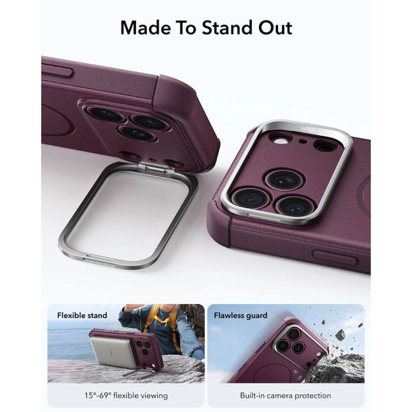ESR Cyber Tough magnetic Deep Burgundy case for iPhone 18 Pro with adjustable flex stand, 26-ft drop protection, and MagSafe compatibility in Qatar