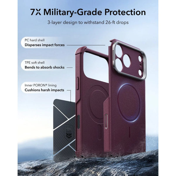 ESR Cyber Tough magnetic Deep Burgundy case for iPhone 18 Pro with adjustable flex stand, 26-ft drop protection, and MagSafe compatibility in Qatar