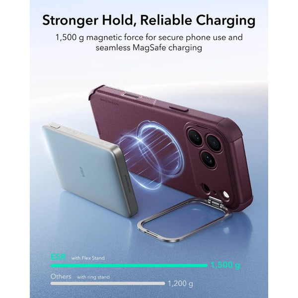 ESR Cyber Tough magnetic Deep Burgundy case for iPhone 18 Pro with adjustable flex stand, 26-ft drop protection, and MagSafe compatibility in Qatar