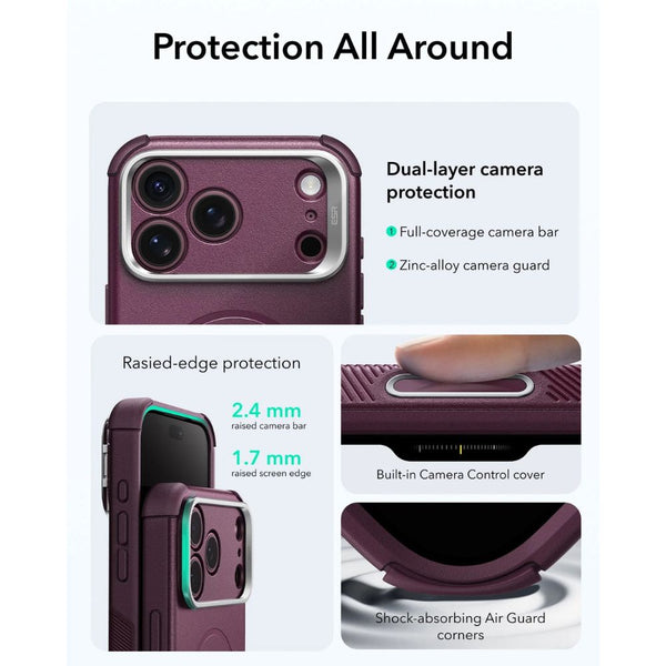 ESR Cyber Tough magnetic Deep Burgundy case for iPhone 18 Pro Max with adjustable flex stand, 26-ft drop protection, and MagSafe compatibility in Qatar