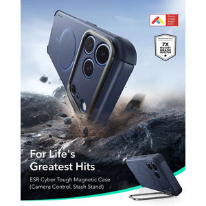 ESR Cyber Tough magnetic Navy Blue case for iPhone 18 Pro Max with adjustable flex stand, 26-ft drop protection, and MagSafe compatibility in Qatar