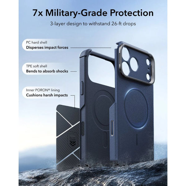 ESR Cyber Tough magnetic Navy Blue case for iPhone 18 Pro Max with adjustable flex stand, 26-ft drop protection, and MagSafe compatibility in Qatar