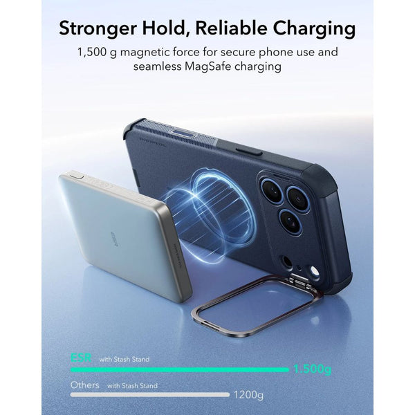 ESR Cyber Tough magnetic Navy Blue case for iPhone 18 Pro Max with adjustable flex stand, 26-ft drop protection, and MagSafe compatibility in Qatar