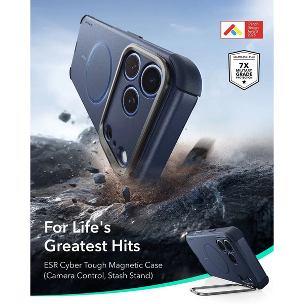 ESR Cyber Tough magnetic Navy Blue case for iPhone 18 Pro with adjustable flex stand, 26-ft drop protection, and MagSafe compatibility in Qatar