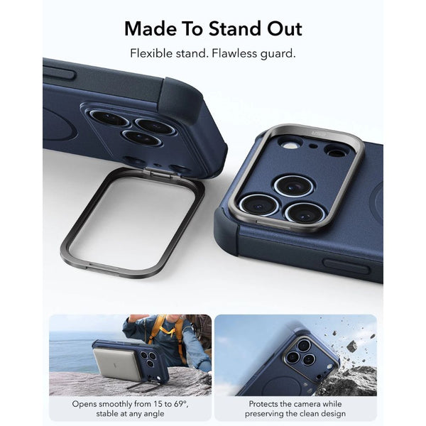 ESR Cyber Tough magnetic Navy Blue case for iPhone 18 Pro with adjustable flex stand, 26-ft drop protection, and MagSafe compatibility in Qatar